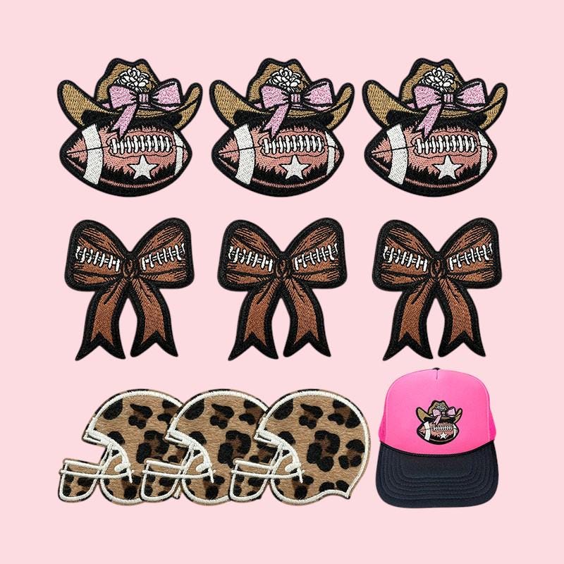 Football Bow Embroidered Patch, Leopard Football Helmet, Bow Cowboy Hat with Football Game Day Patch